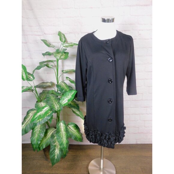 Black Ruffle Hem Button Front Half Sleeve Jacket Coat Elegant M - Picture 2 of 11